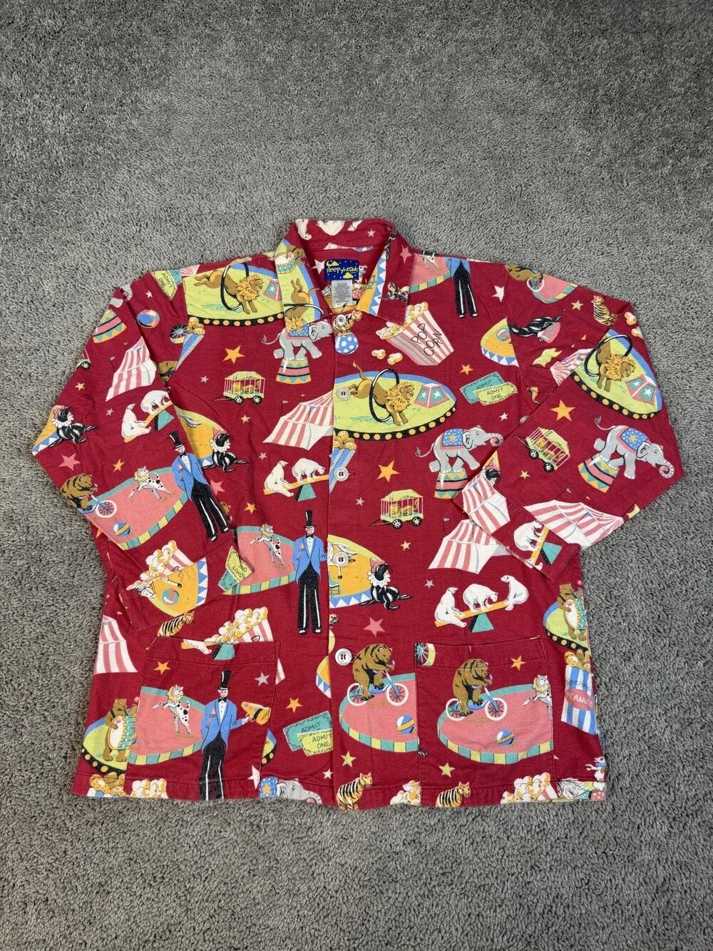 Nick & Nora Pajama Top Mens M Red 3 Ring Circus Print Flannel Button Collared